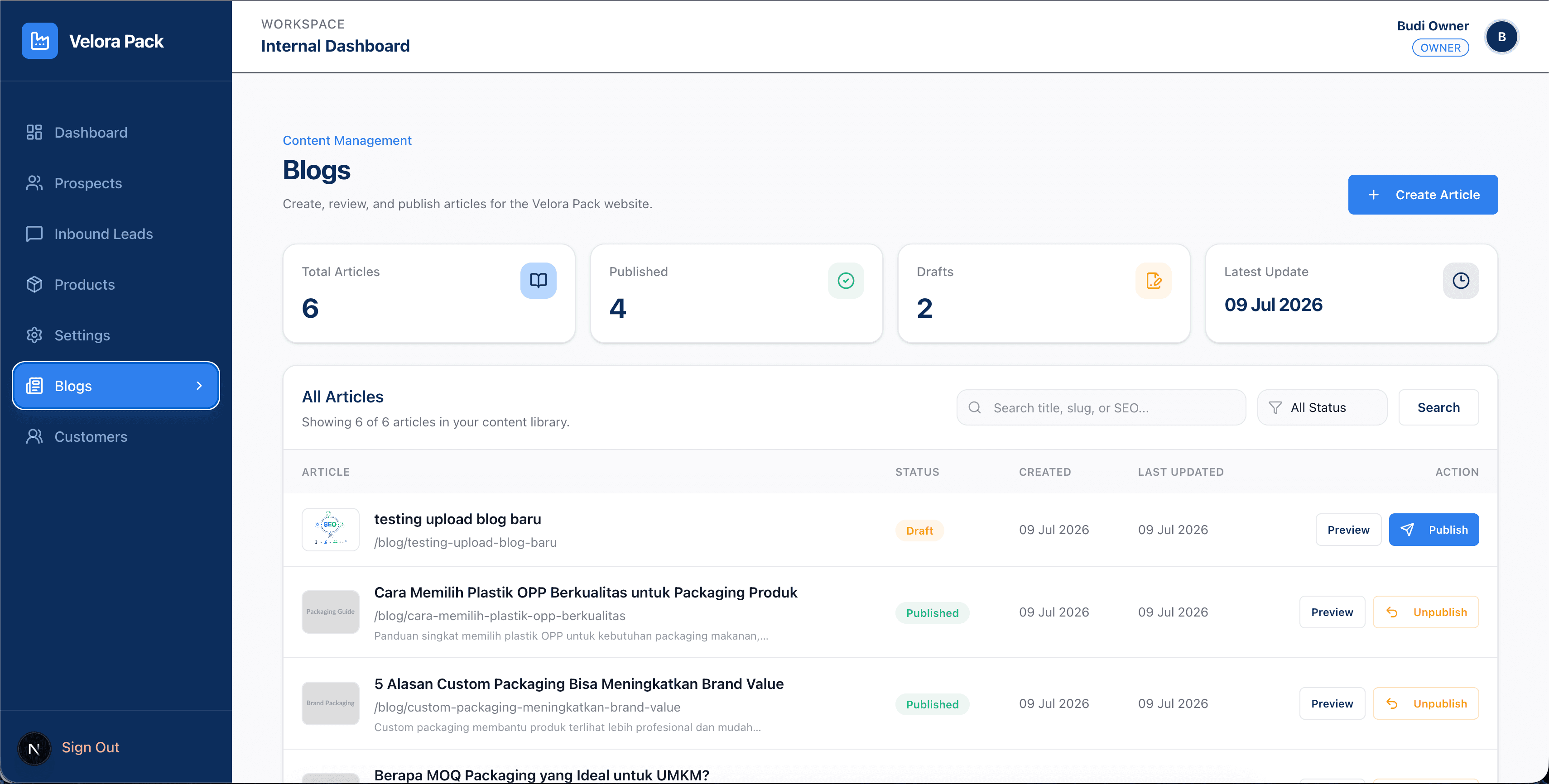 Velora Pack internal dashboard for managing customers, leads, inquiries, and orders