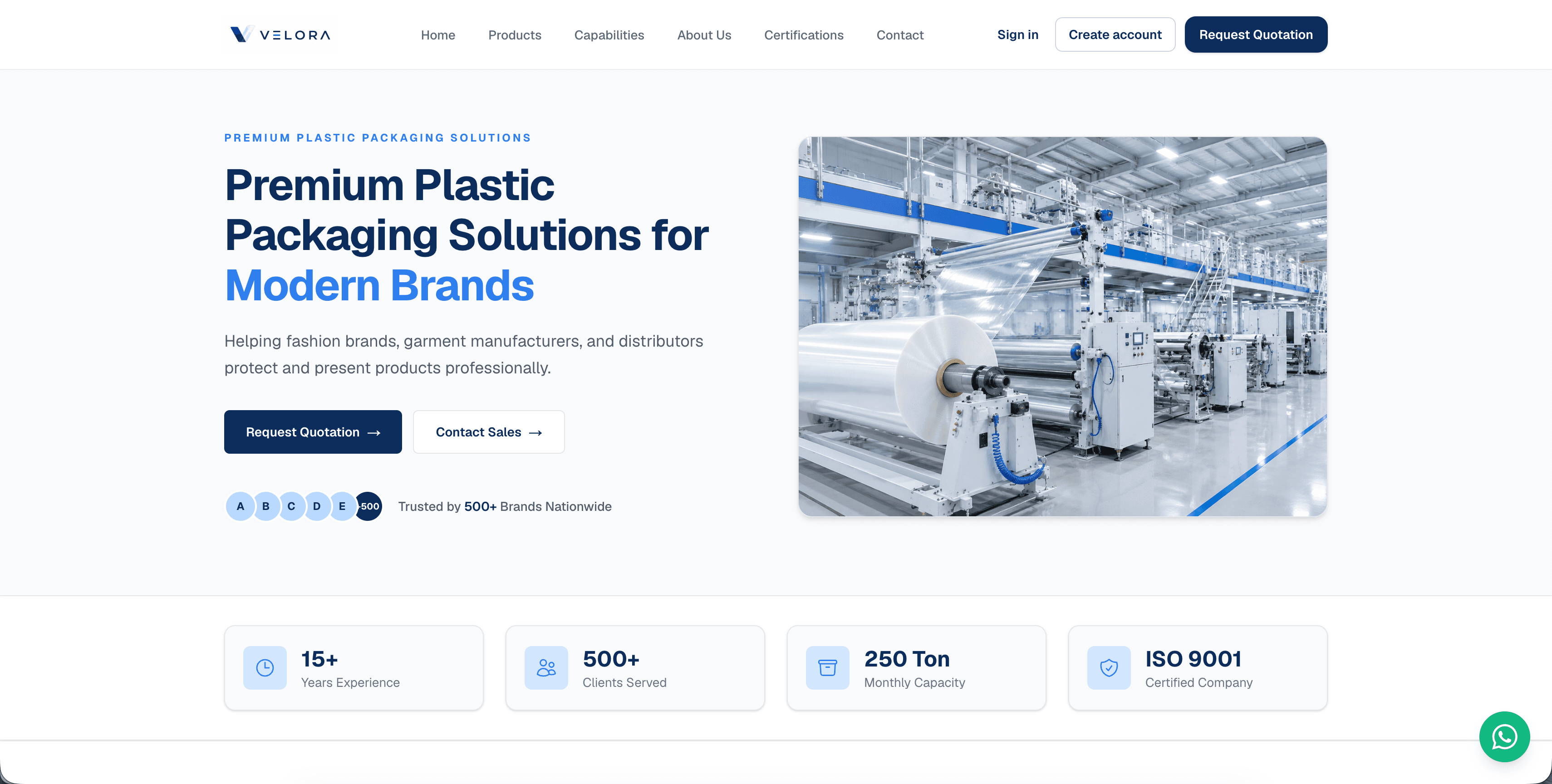 Velora Pack business website showcasing packaging products and services